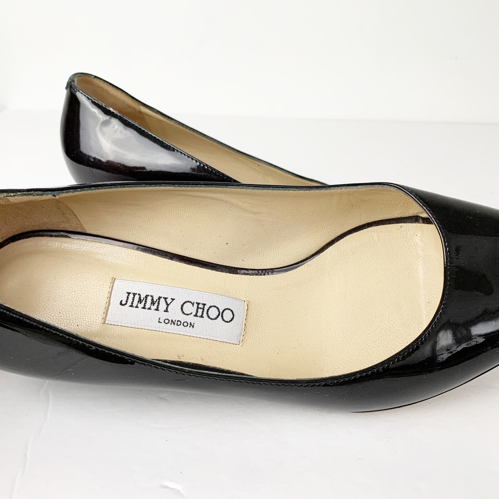 Jimmy Choo 39.5 Black Patent Peep Toe Wedge Pumps - Picture 6 of 8